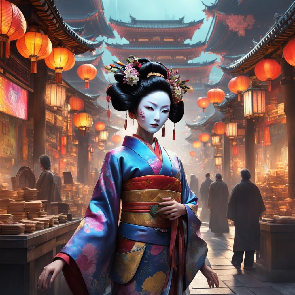 Robotic Geisha Controls Marketplace in Fantasy Concept Art