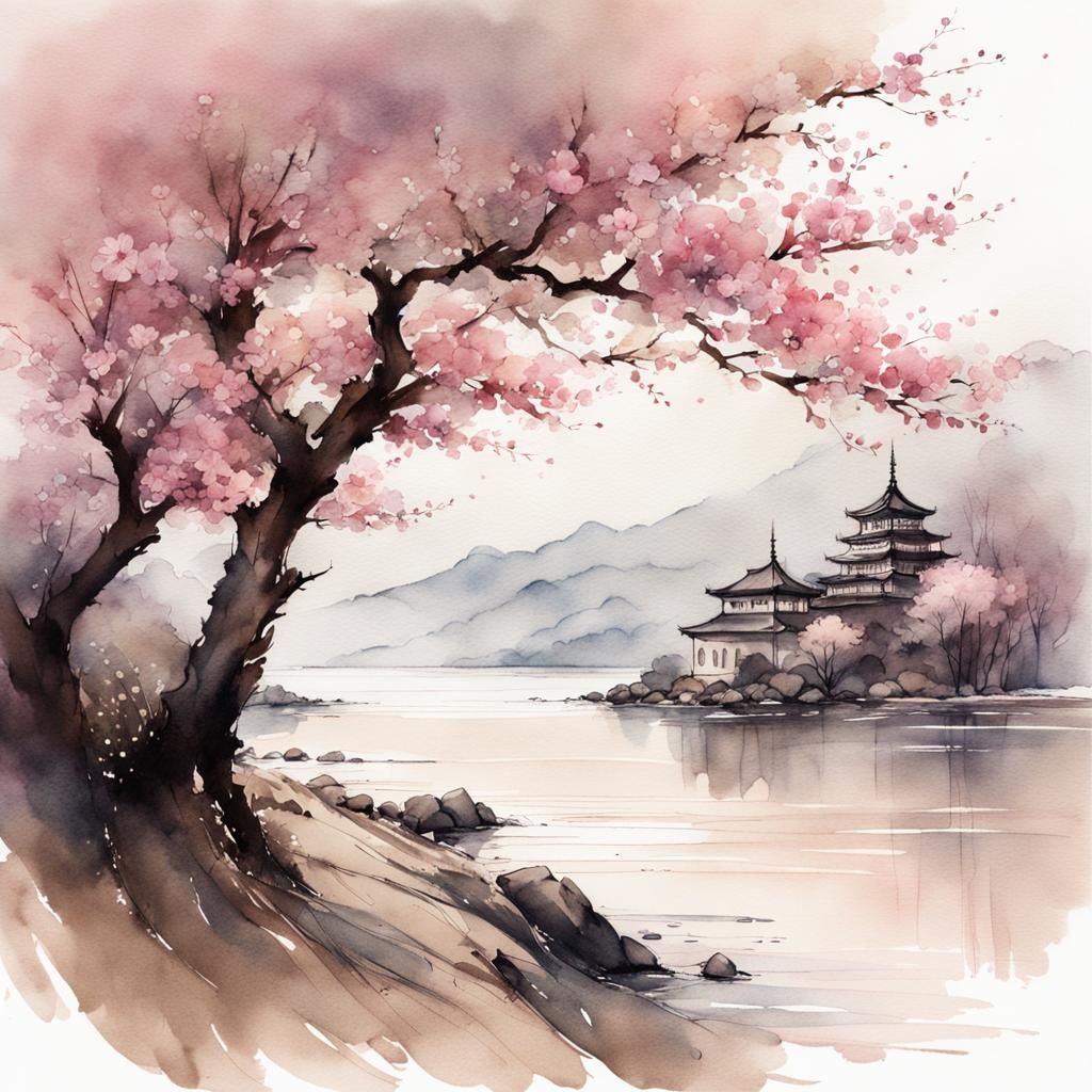 Vintage Cherry Blossoms at Dawn by the Sea