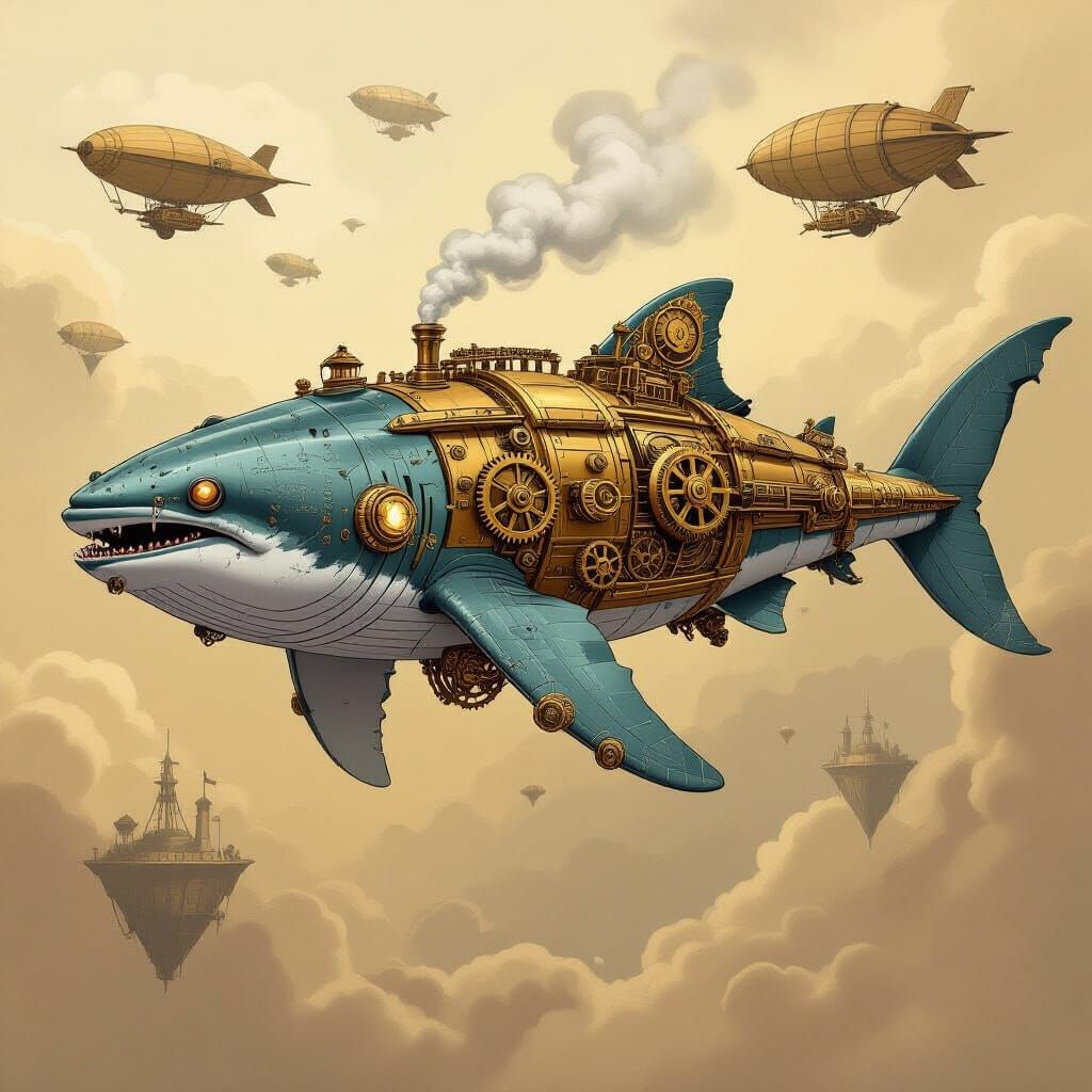 Steampunk Whale Shark in Sepia Sky with Dirigibles