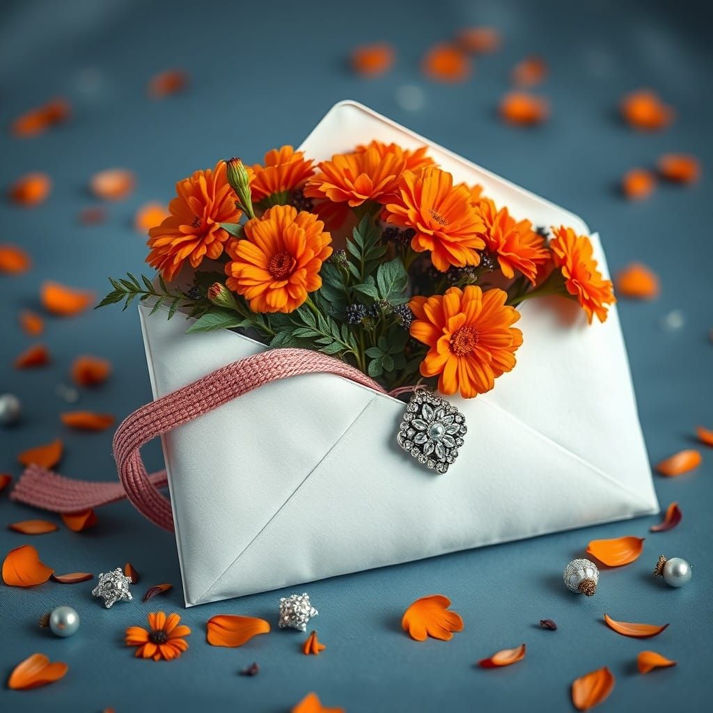 Embroidered Envelope Spills Marigolds and Silver Ornaments