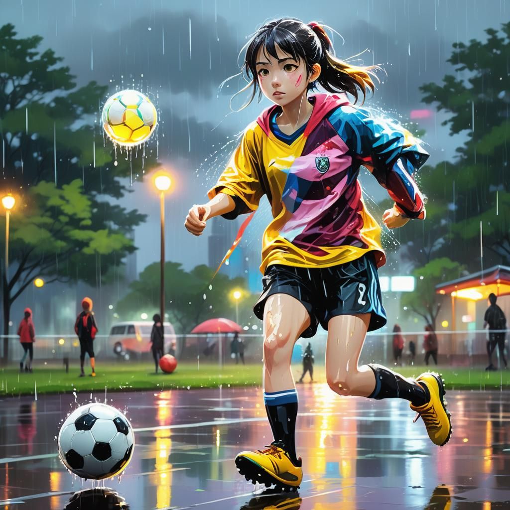 Woman Plays Soccer in Rainy City Park: Anime Art