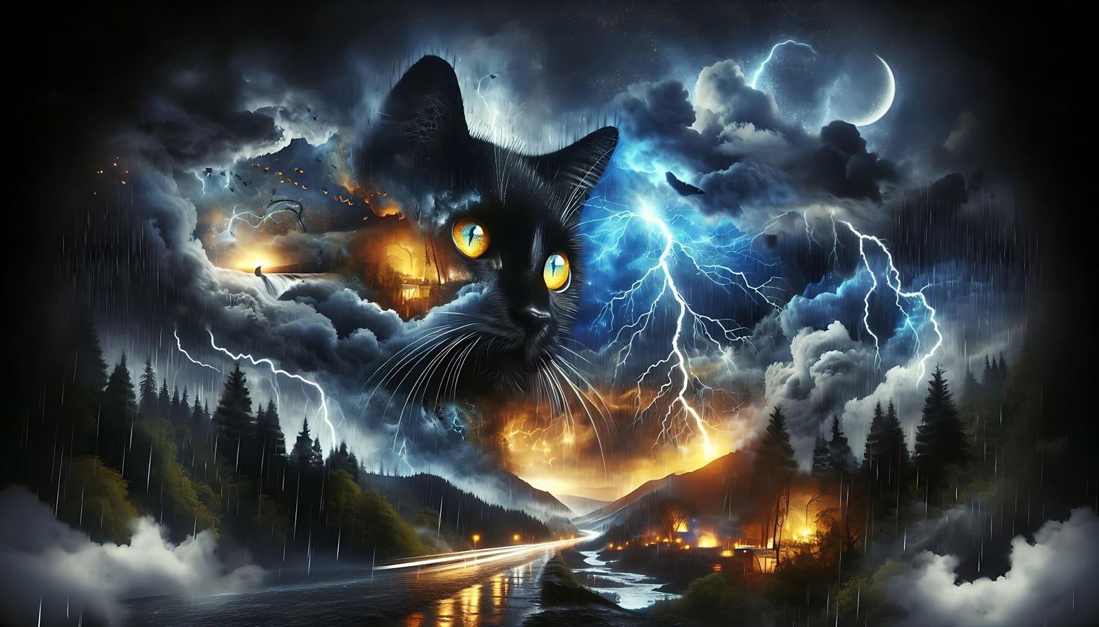 Dramatic Double Exposure: Black Cat in Stormy Night