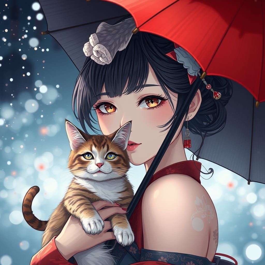 Beautiful Anime Woman with Cat, Stunning Digital Art