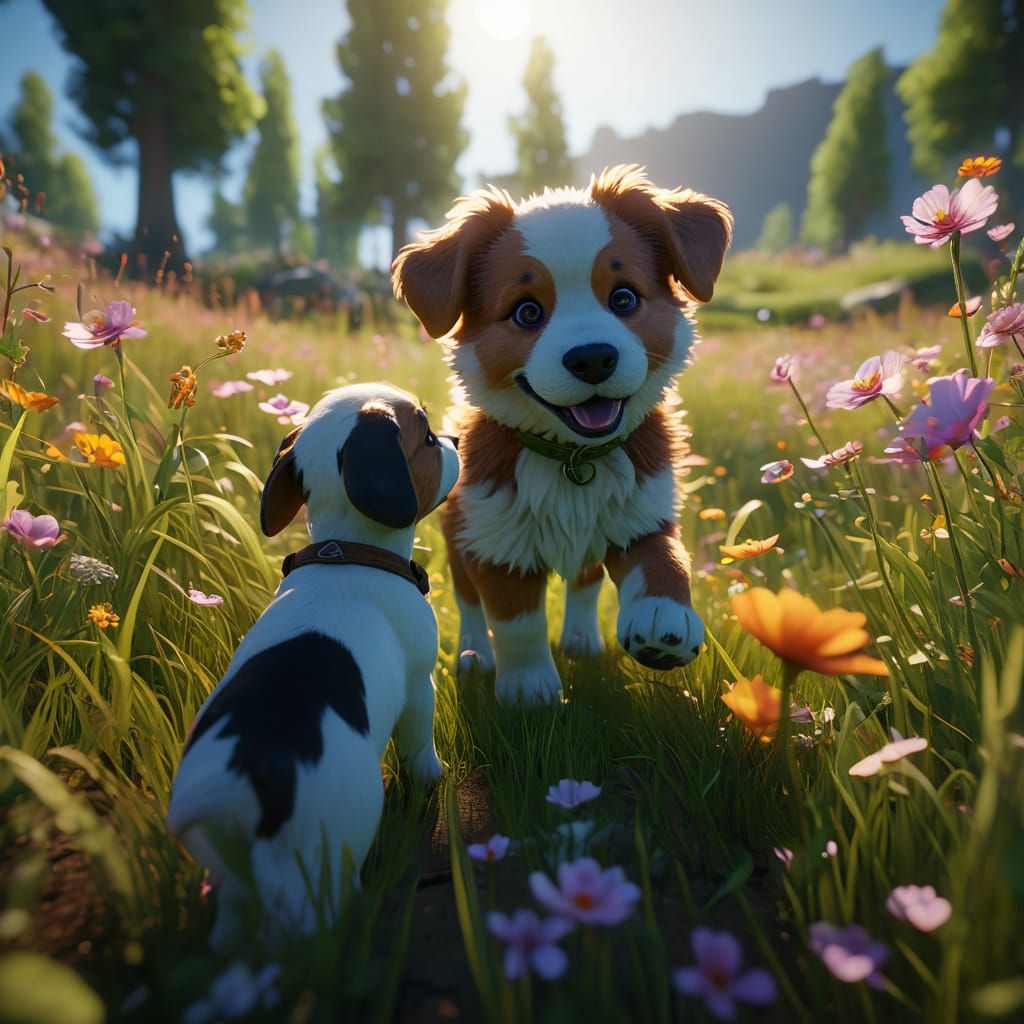 Toddler and Puppy Share a Joyful Moment in a Sunlit Meadow