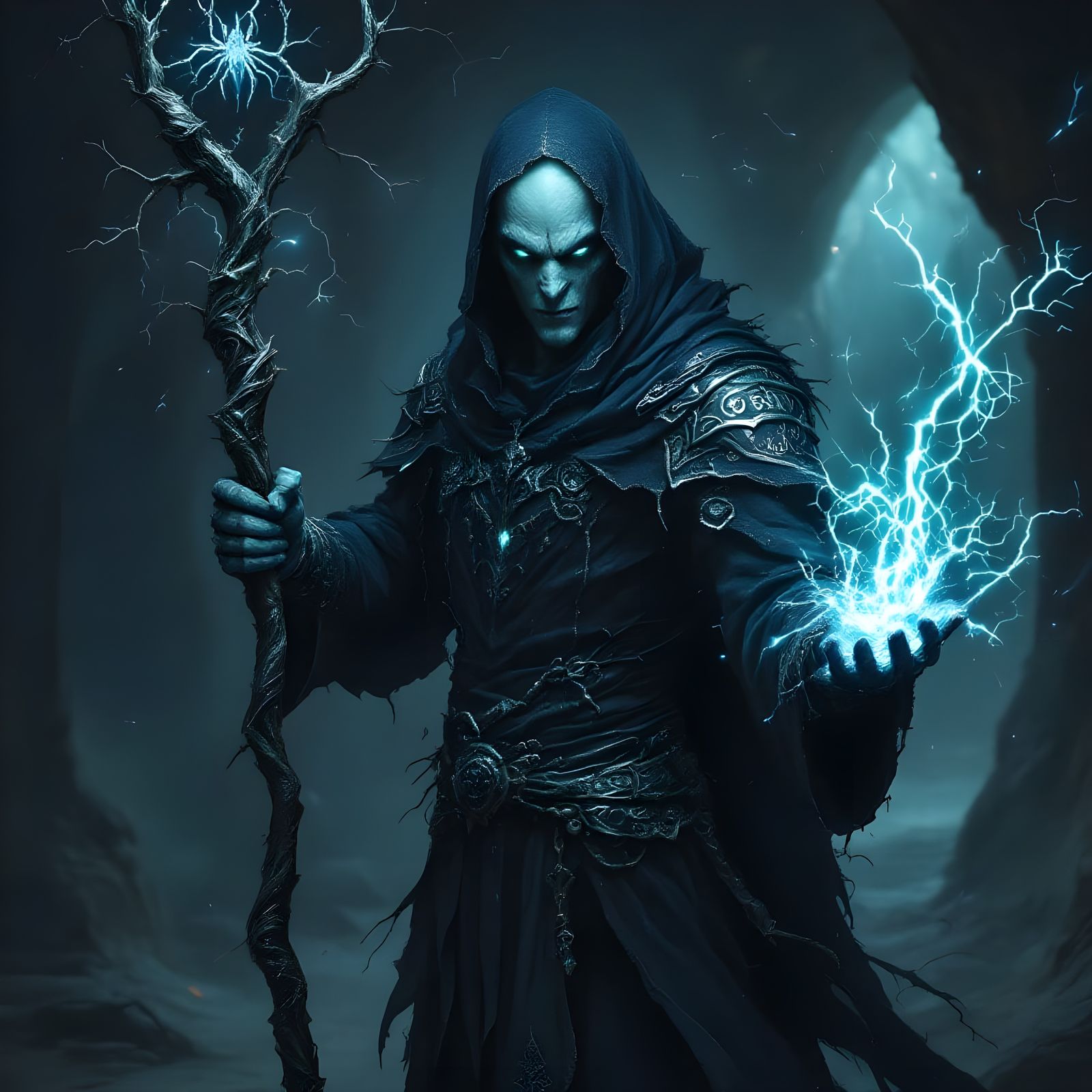 Dark Fantasy Warlock Casts Thunder Spell in Dungeon