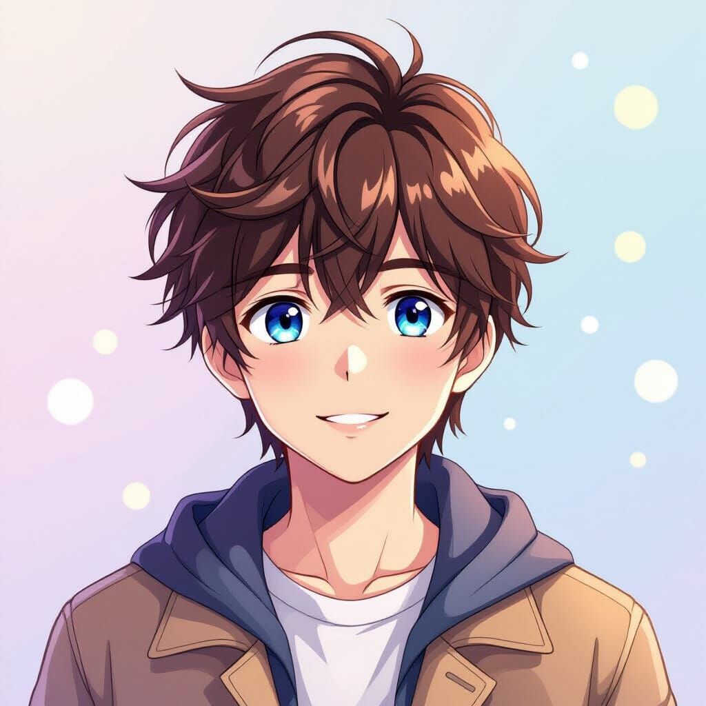 Anime Boy with Brown Hair & Blue Eyes in Pastel Setting