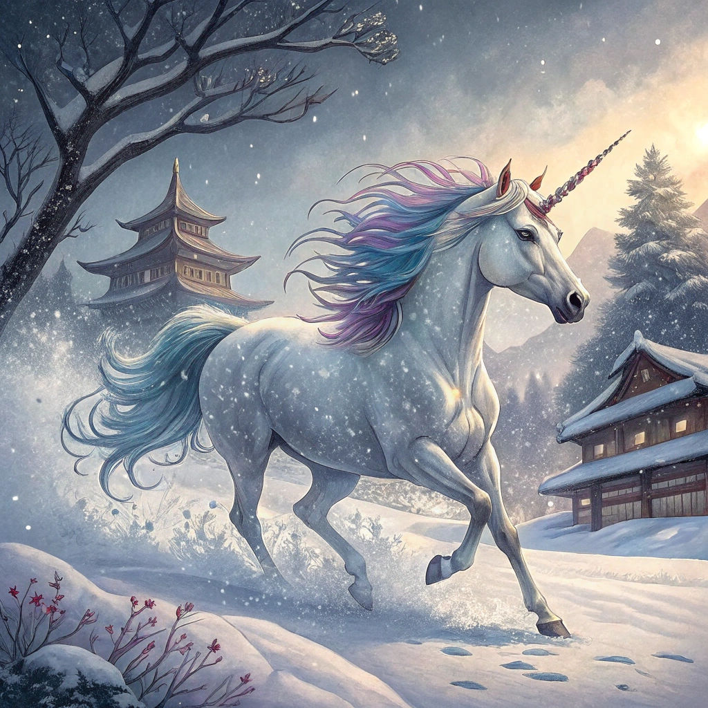 Silver Unicorn in Winter Wonderland: Dreamlike Illustration