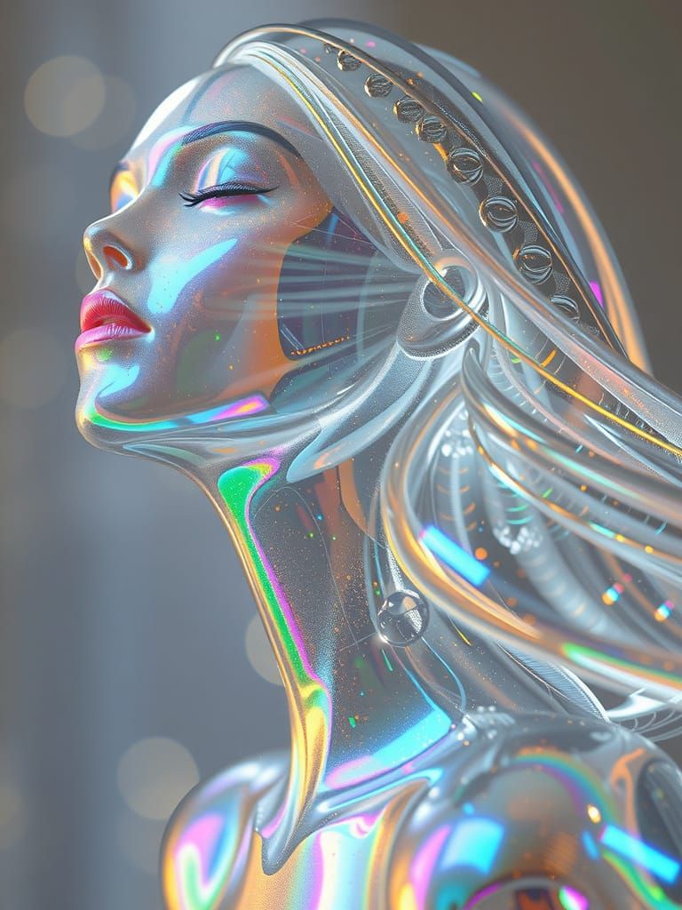 Ethereal Holographic Robot in Pastel Pink and Gold