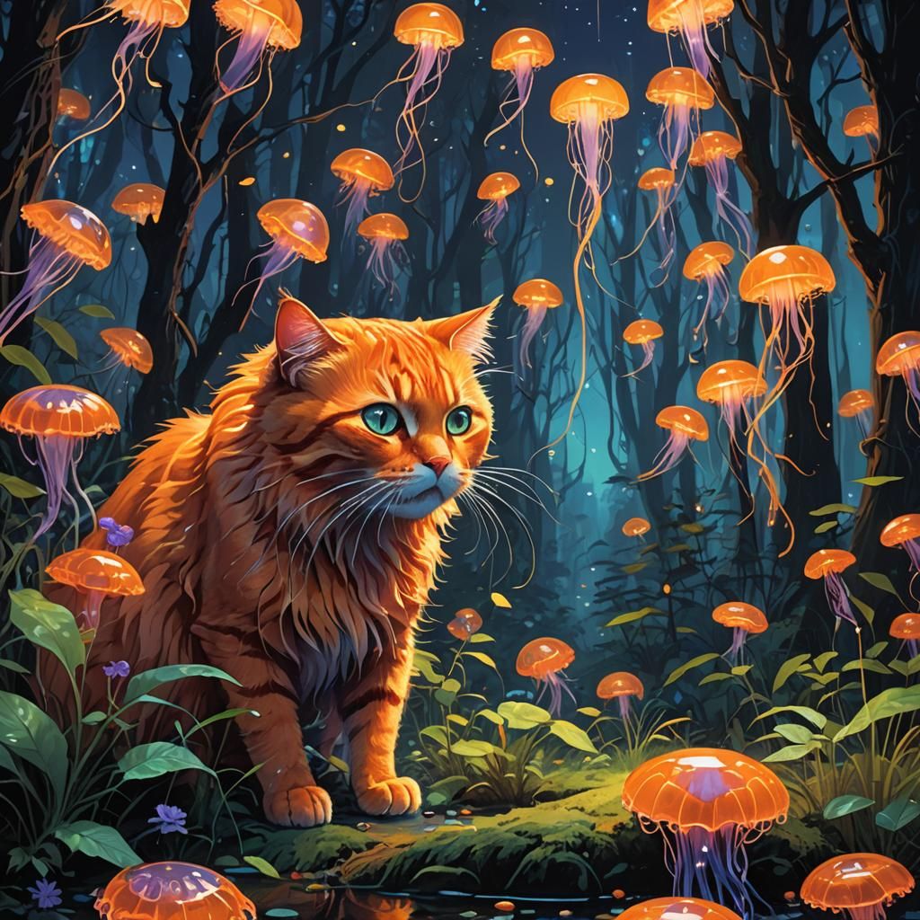 Orange Cat Devouring Pastry in Bioluminescent Forest