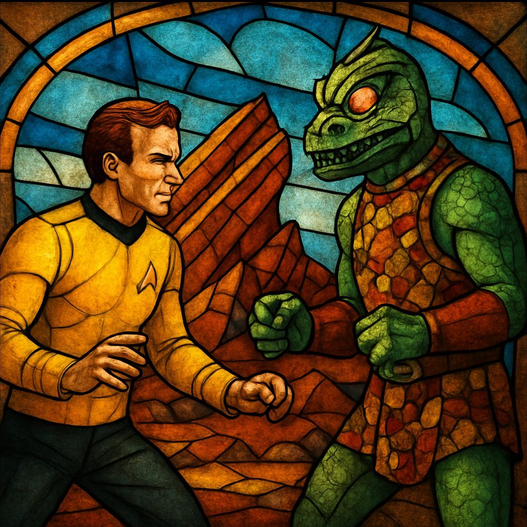 Kirk vs Gorn at Vasquez Rocks in Stained-Glass