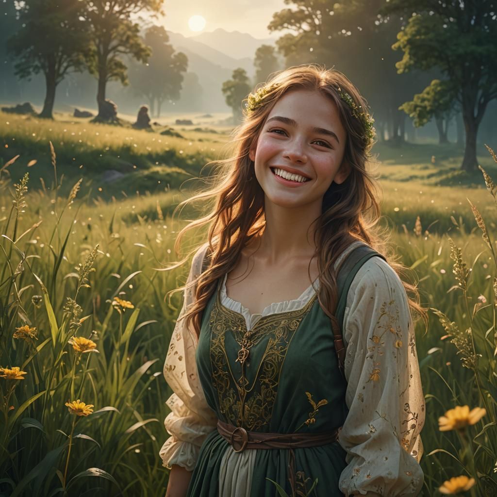 Dreamy Girl Smiling in Lush Meadow