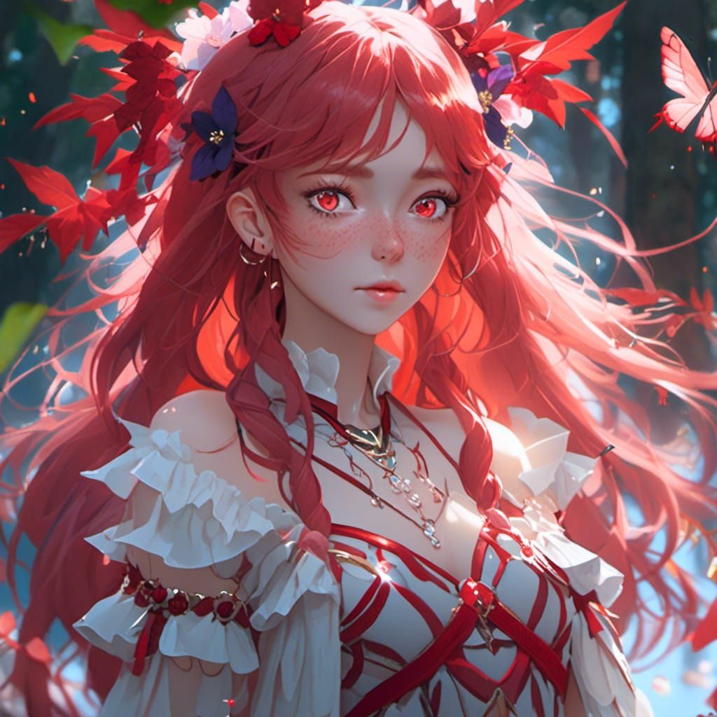 Red-Eyed Forest Girl in Detailed Matte Painting