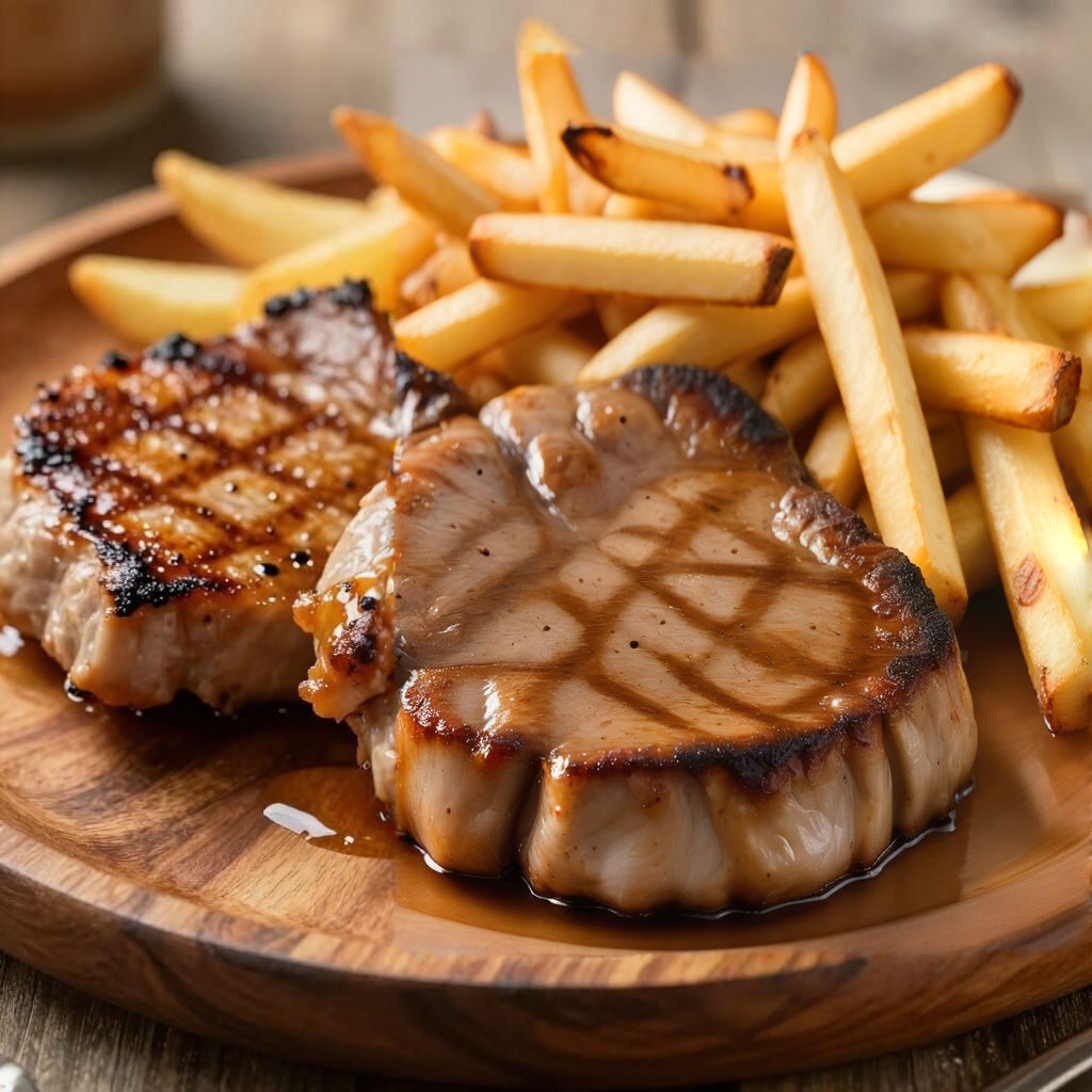 Cooked Pork Chops and Fries Lunch Plate