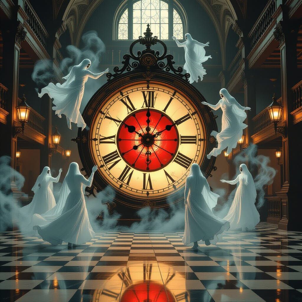 Surreal Clock Tower Ballroom with Time-Looping Ghosts