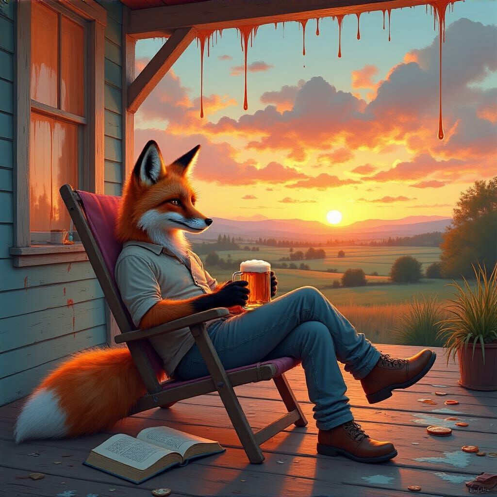Relaxed Fox on Ranch at Sunset as Digital Art