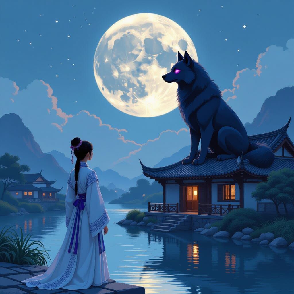 Hanfu Woman, Hellhound, and Moonlit River