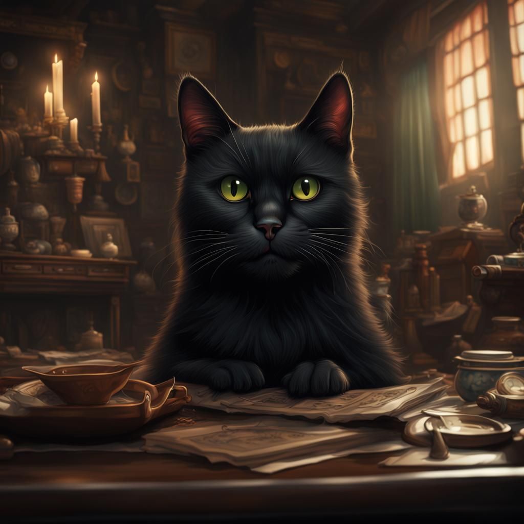 Dramatic Black Cat Caricature: Digital Matte Painting