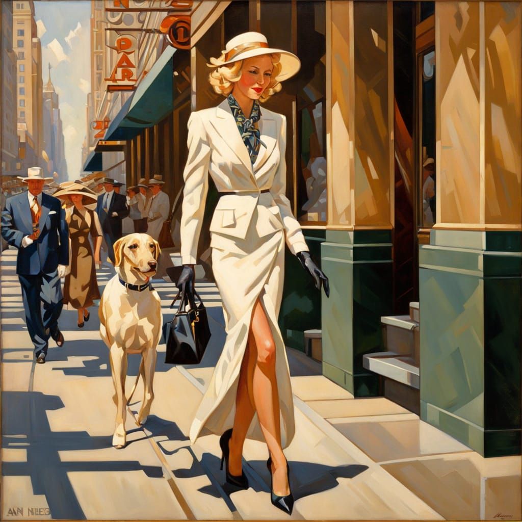 Confident Woman Strides Through City Streets in Art Deco Sty...