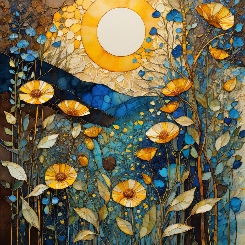 Vibrant Wildflower Abstraction in Terracotta and Blue