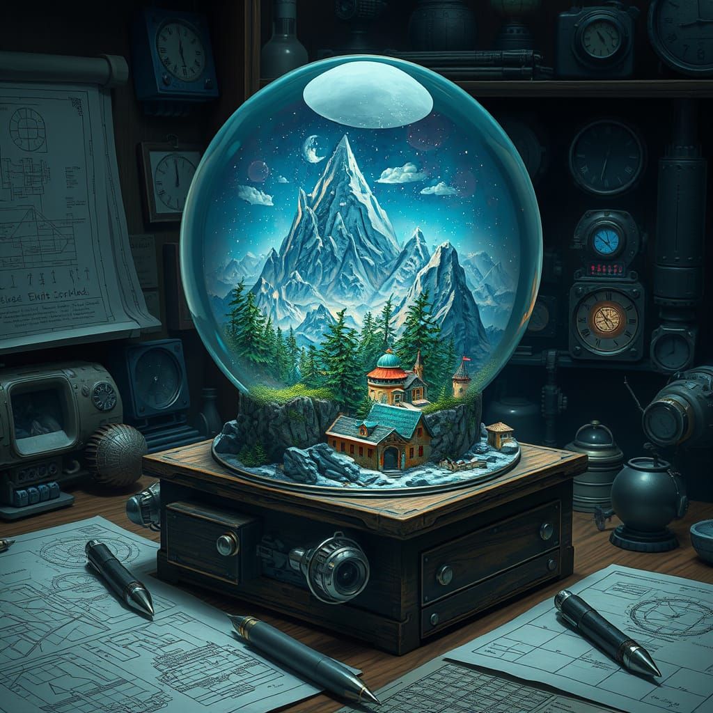 Mystical World Inside Snow Globe, Hyperrealistic Digital Art