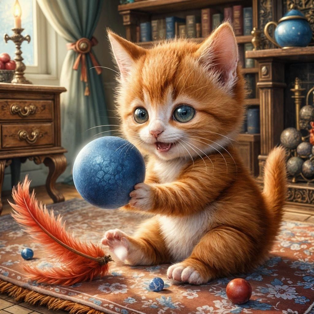 Ginger Kitten Plays with Ball and Feather in Whimsical Water...