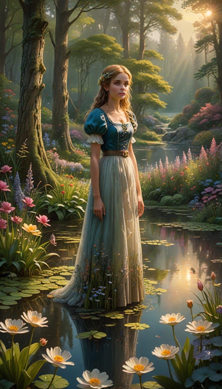 Alice in Forest Pond: Ethereal Kinkade-Style Fantasy