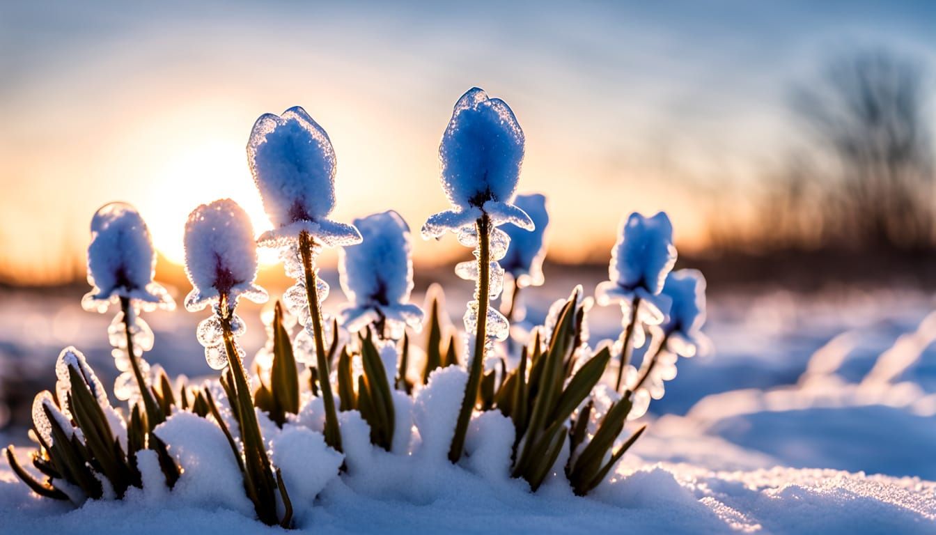 Icy Bluebells Bloom on Frozen Tundra: Photorealistic