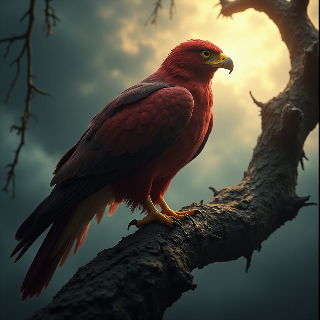 Epic Crimson Stormhawk in Cinematic Hyperrealism