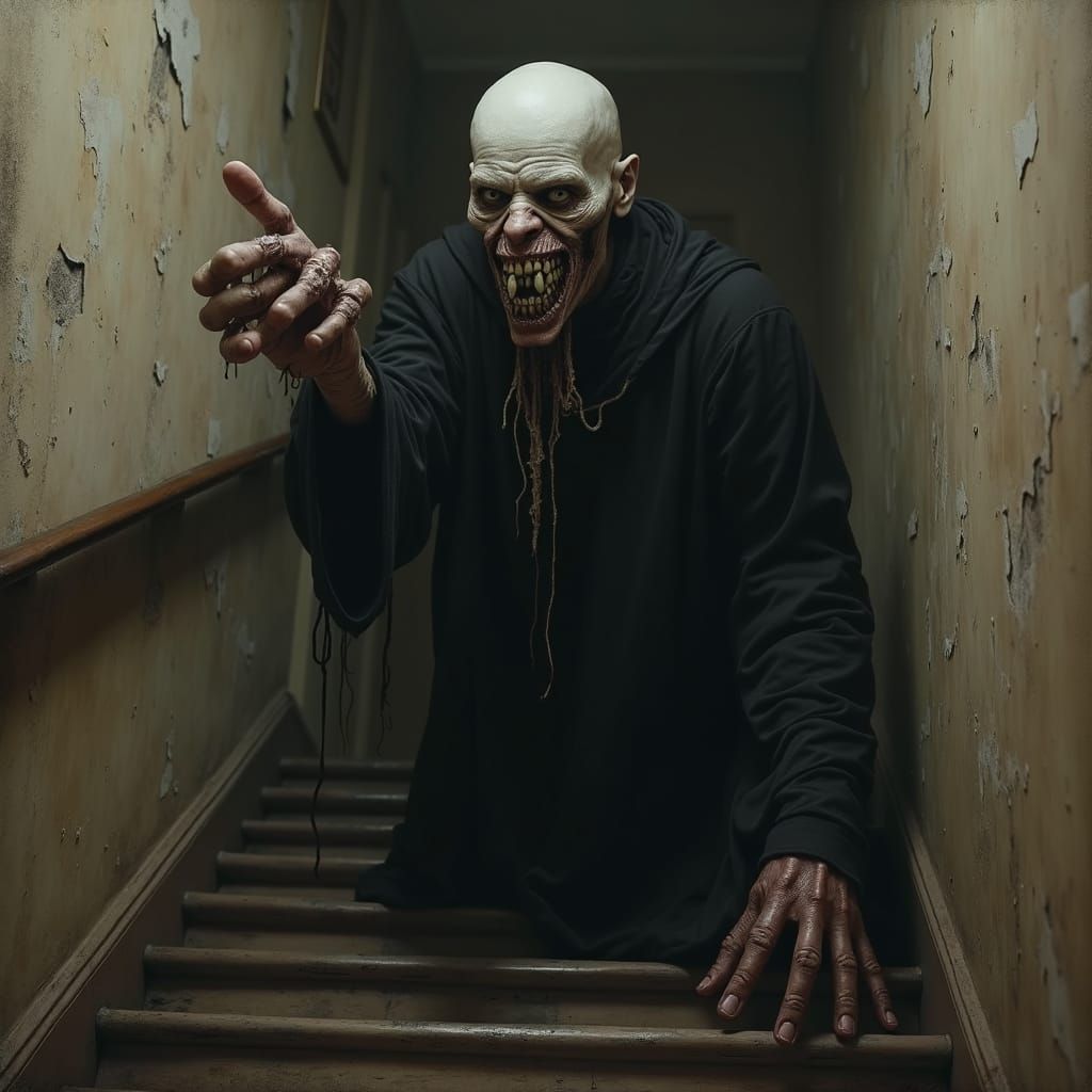 Terrifying Pale Figure at Bottom of Distressed Staircase