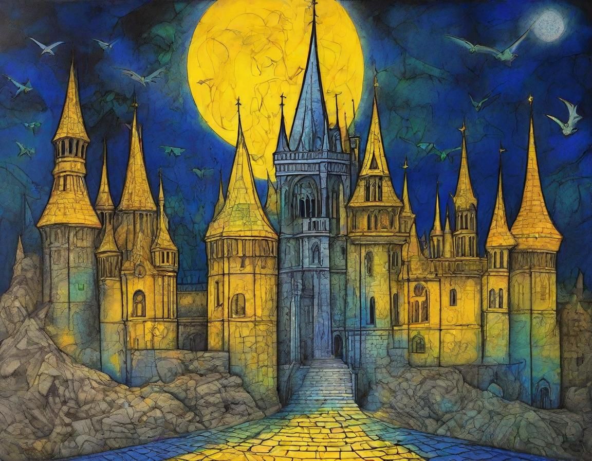 Medieval Castle with Gargoyles in Mixed Media