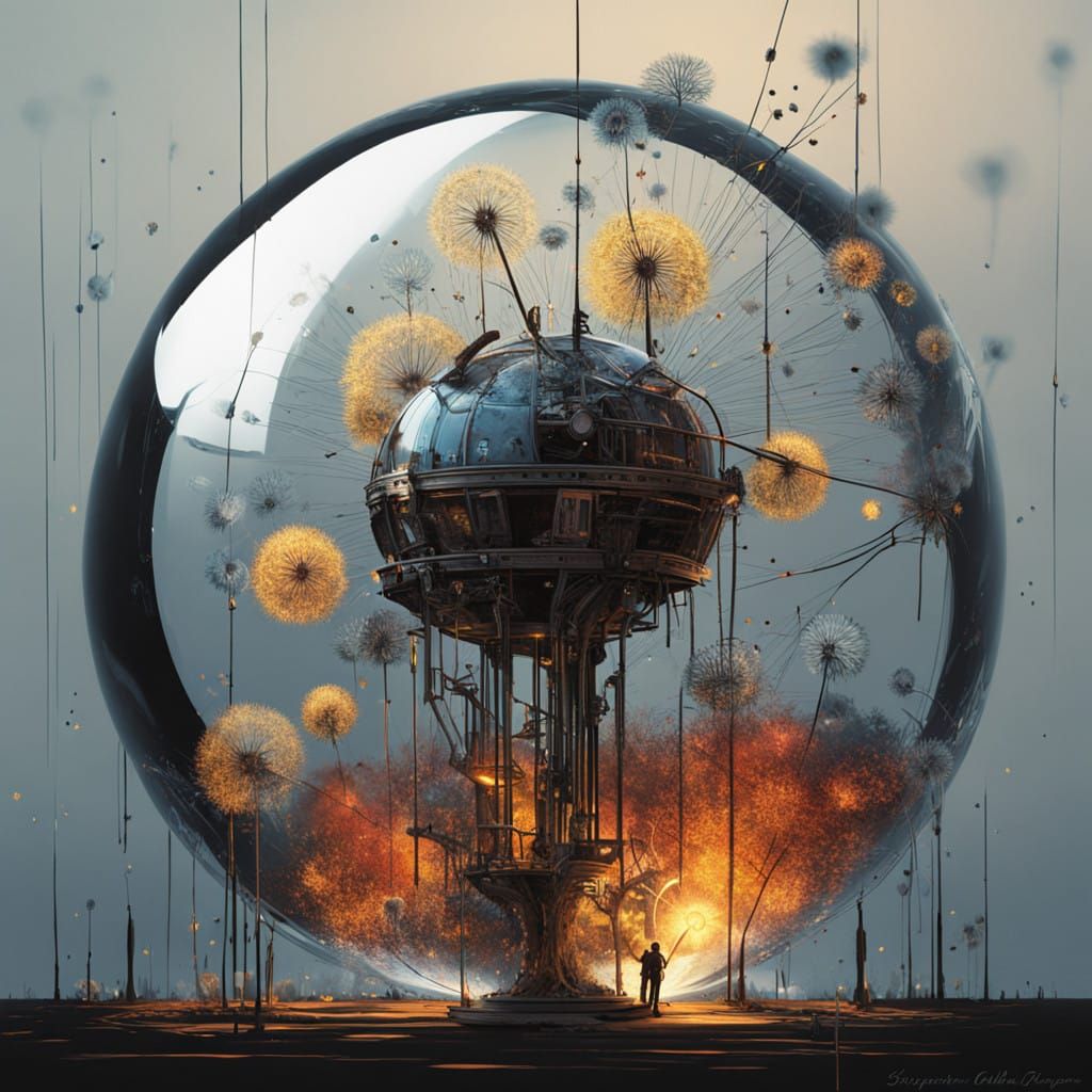 Steampunk Glass Ball Amidst Whimsical Dandelion Seeds in Vib...