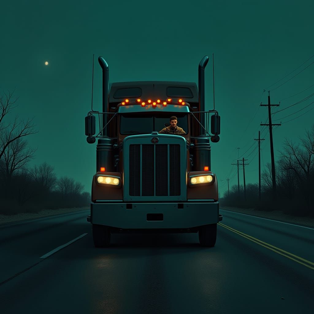 Moodlit Highway Solitude in a Weathered Peterbilt 389