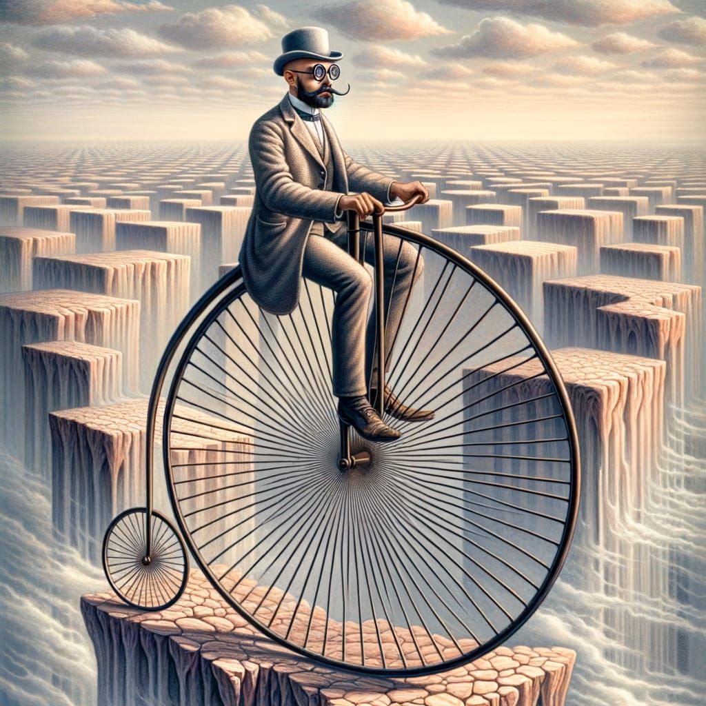 Man on Penny-farthing in Surreal Pastel Landscape
