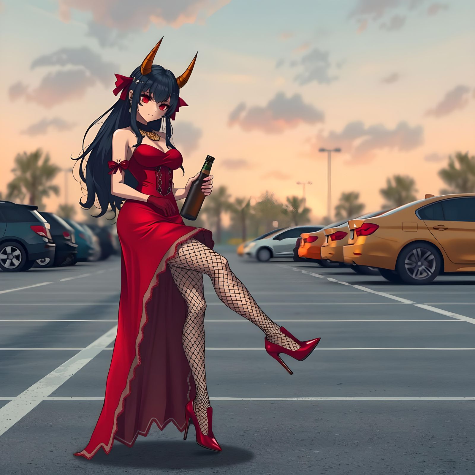 Anime Woman in Red Battle Dress With Razor Heels