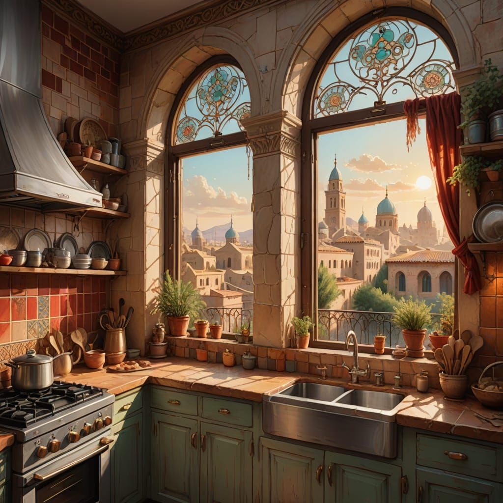 Ancient Babylonian Cityscape in Modern Kitchen Window