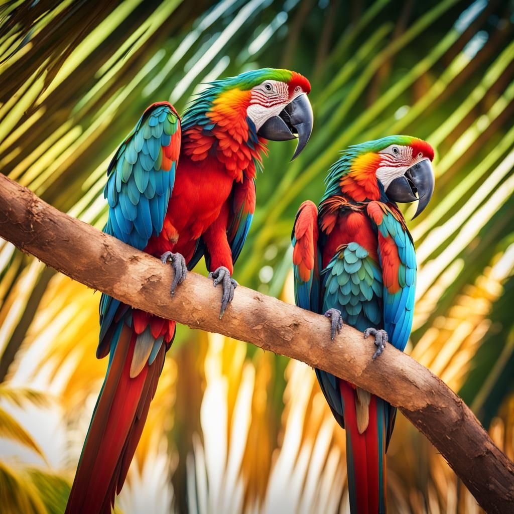 Macaws Mating in Coconut Tree: Hyperrealistic Digital Art