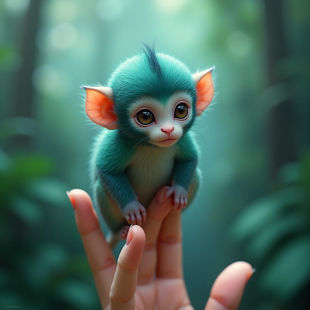 Ethereal Emerald Monkey Floating on Delicate Fingers