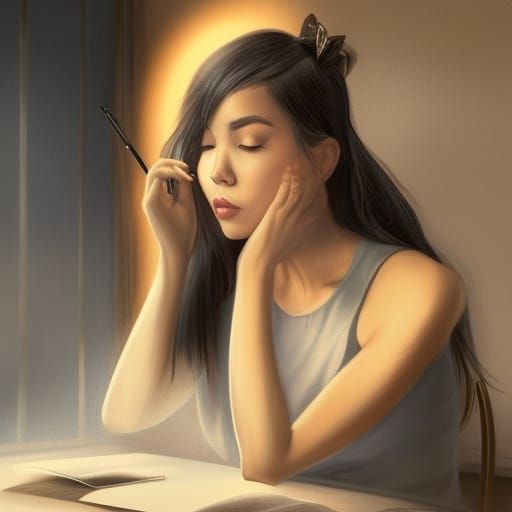 Anna Akana Writing by Moonlight, Hyperdetailed Portrait