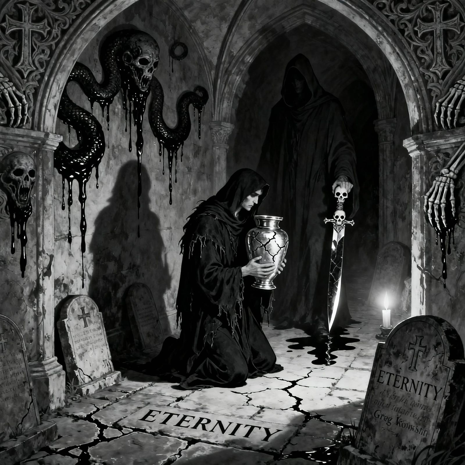 Macabre Anointing in Dark Engraving Style