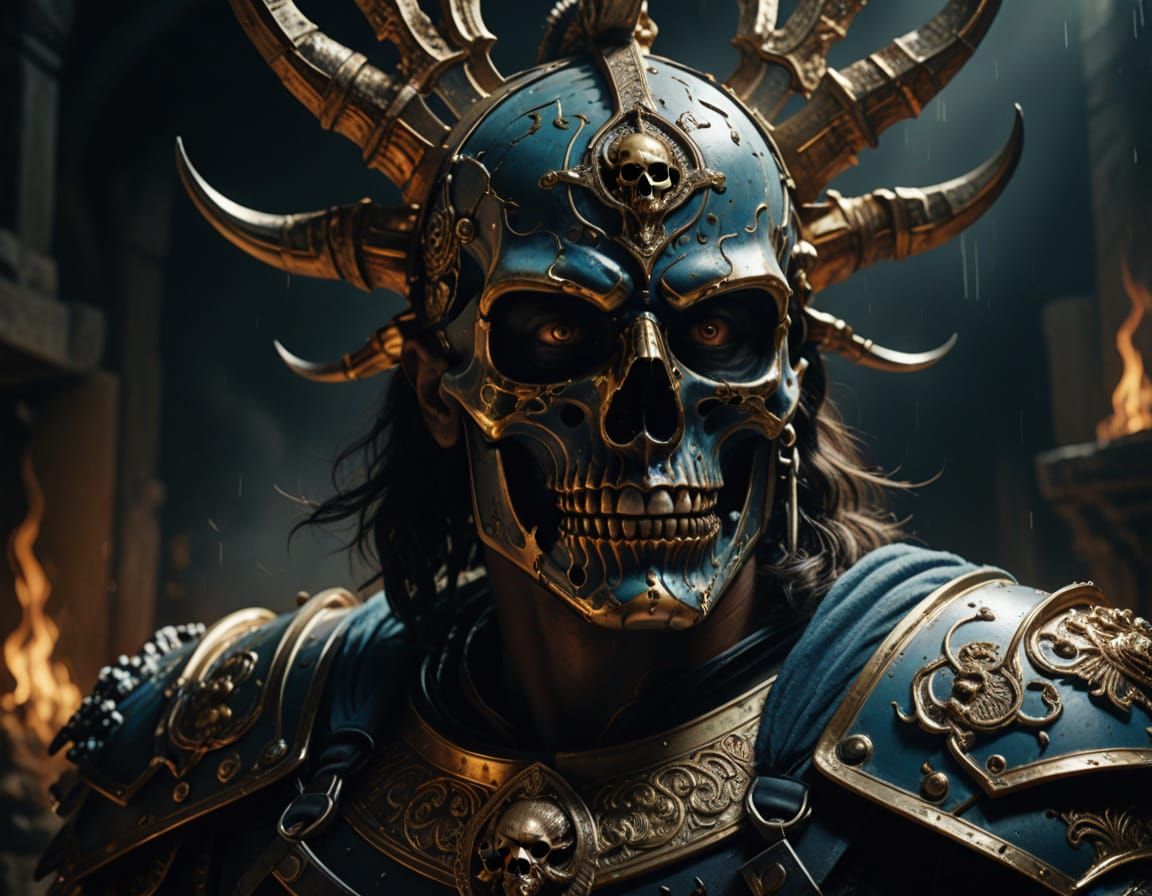 Menacing Skull-Faced Gladiator in Hyper-Realistic Oil Painti...