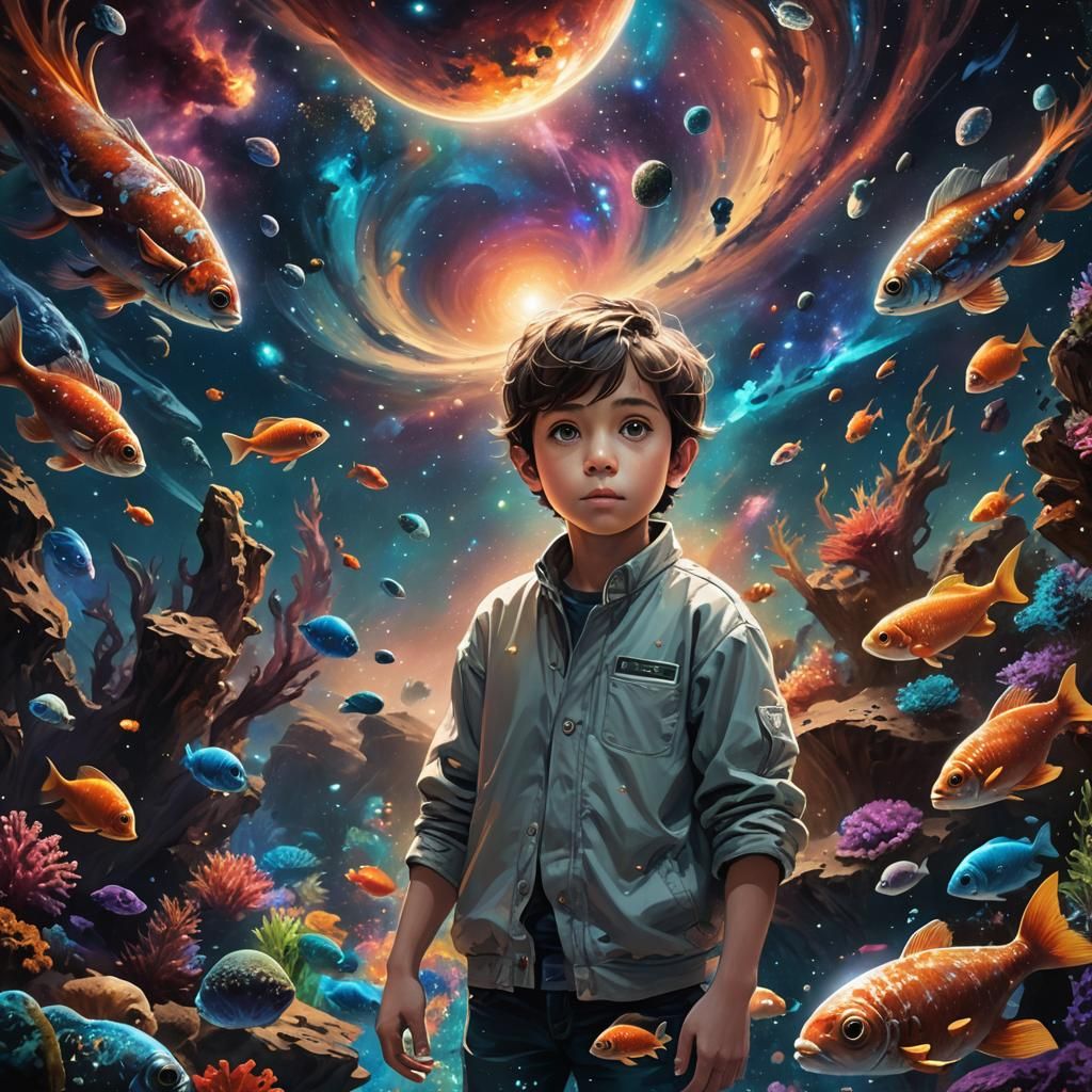 Boy and Cosmic Aquarium: A Universe of Wonder