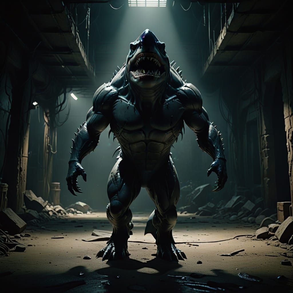 Muscular Shark Monster Supervillain in Dark Lair