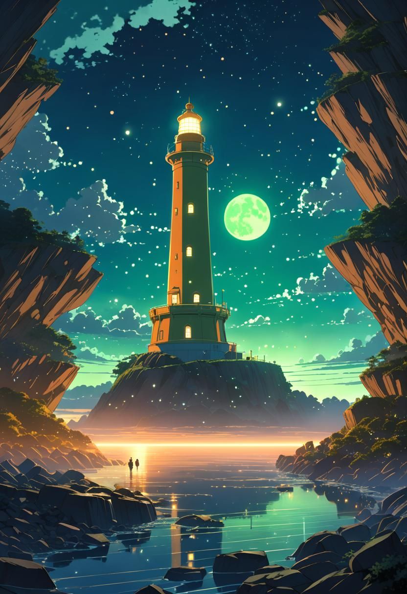 Fantasy Lighthouse Landscape Under Moonlit Sky in Anime Styl...