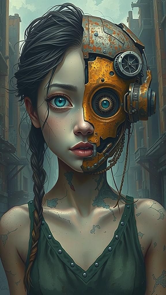 Surreal Cyborg Portrait in Ruined City
