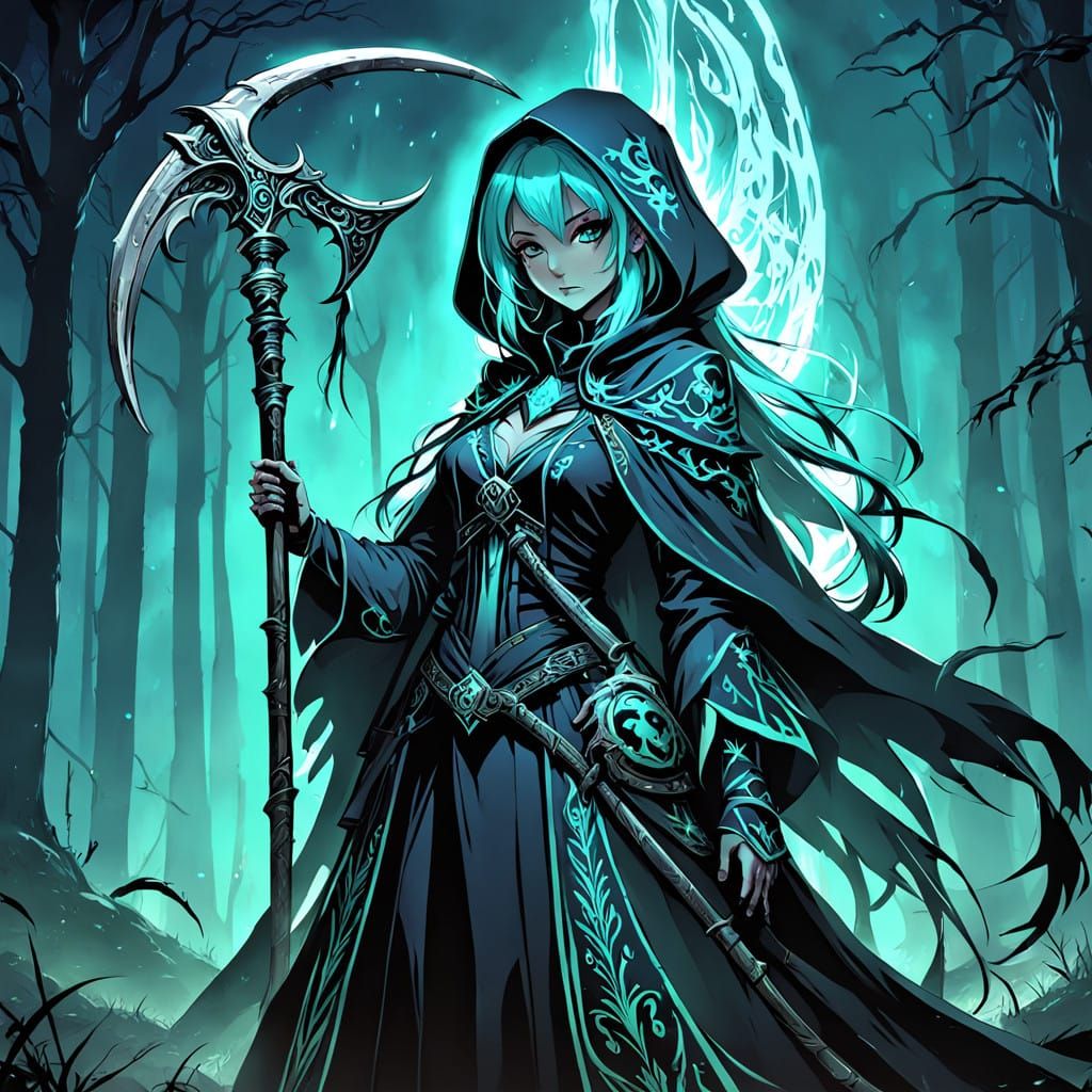 Mystical Reaper Goddess in Vibrant Anime Style