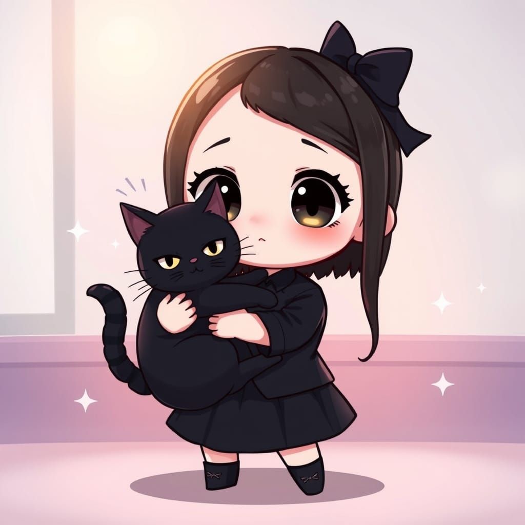 Wednesday Adams as Chibi Character with Black Cat