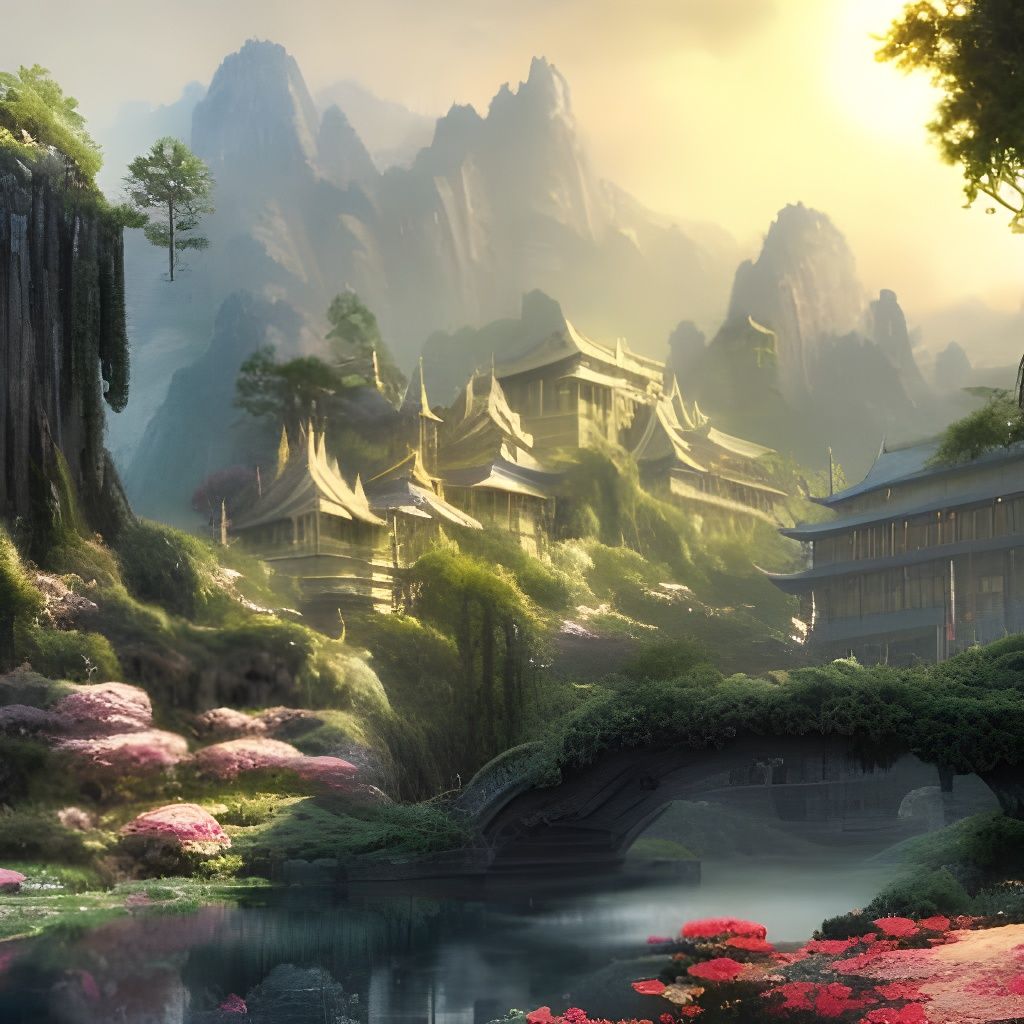 Elven Palaces in Mountain Valley, Hyperdetailed Art