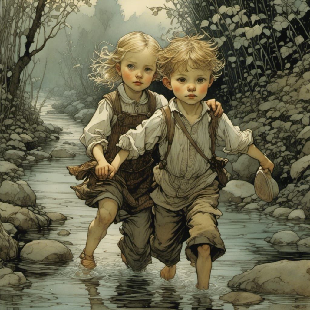 Brother and Sister in Stream, Fairytale Illustration