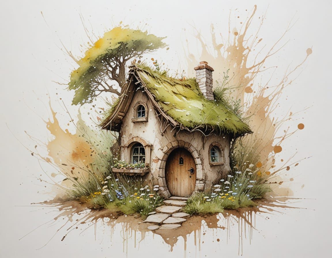Whimsical Fairy Cottage in Hollow Tree, Watercolor Style