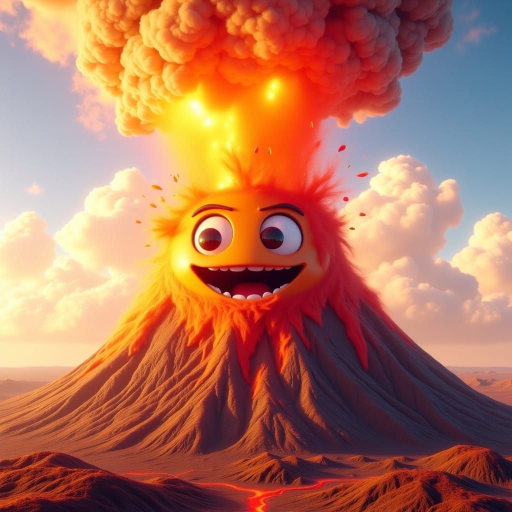 Happy Cartoon Volcano as Oil Painting
